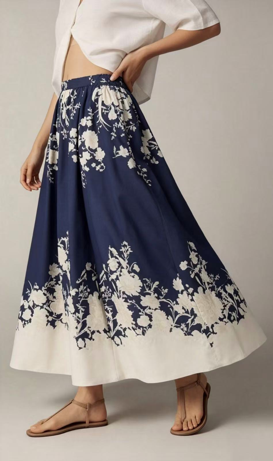 Navy Floral Print Full Midi Skirt
