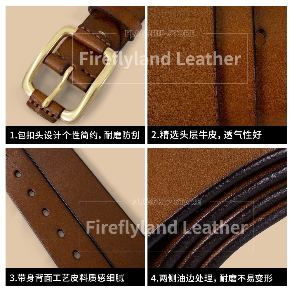 In-stock men's vegetable-tanned top-layer cowhide leather belt with copper buckle, women's vintage casual versatile waist belt wholesale