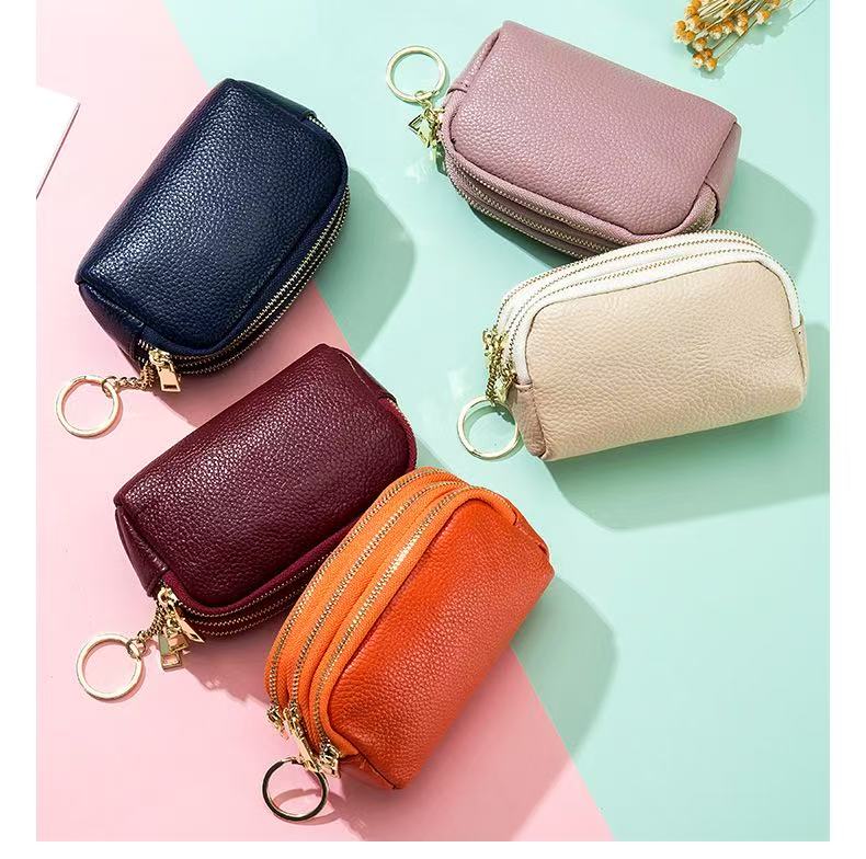 Top-grain leather coin purse, mini cute women's small wallet, multifunctional genuine leather coin pouch with keychain