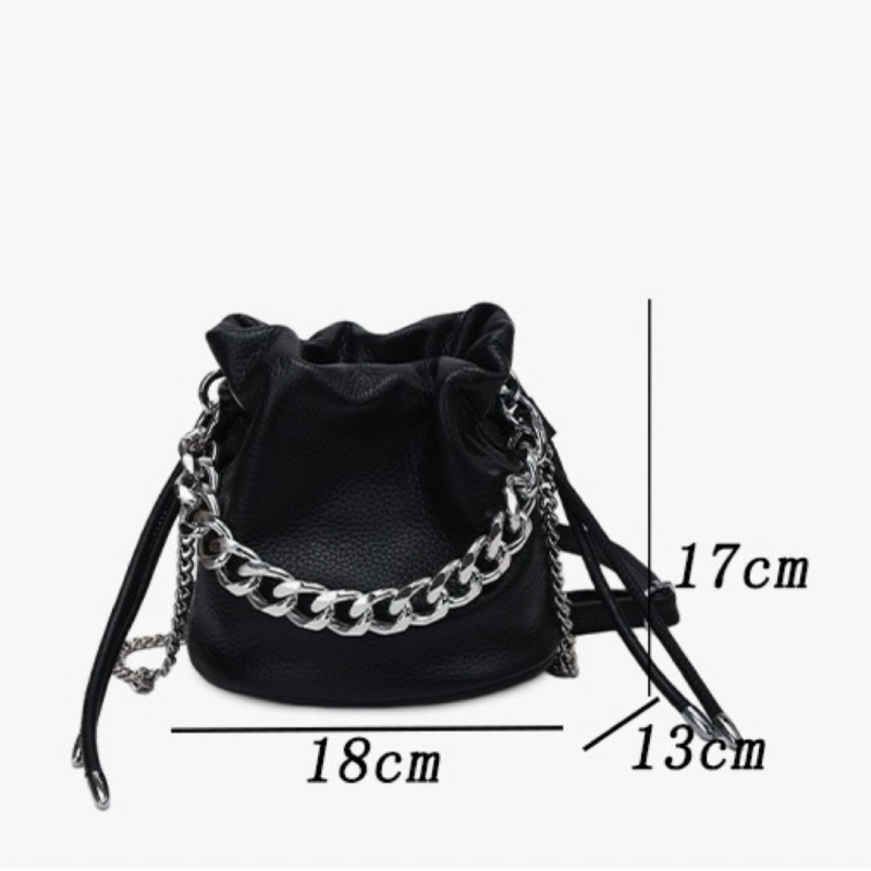 New women's genuine leather handbag, fresh and simple drawstring shoulder bag, fashionable and versatile, high-end chain crossbody bucket bag.