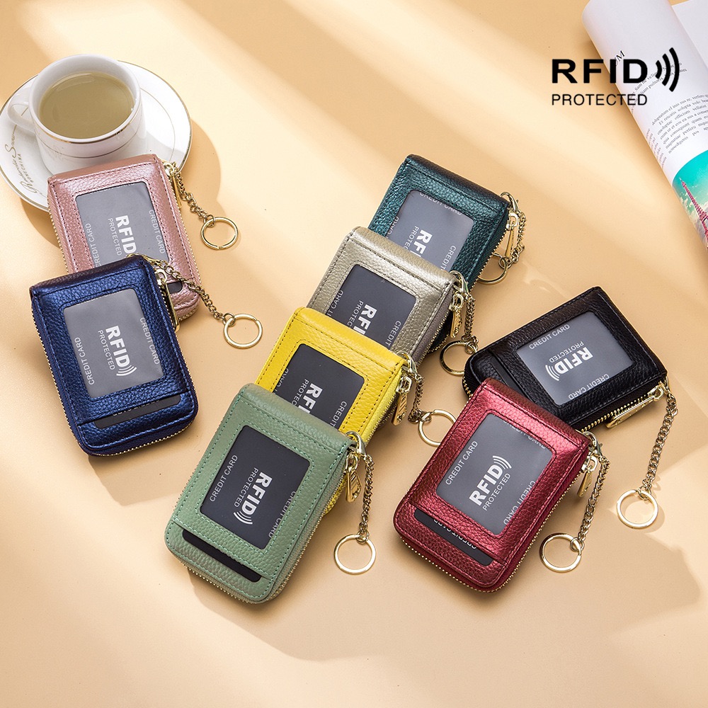 Unisex multi-compartment card holder, delicate RFID genuine leather multi-functional accordion card wallet, bank card case with keychain