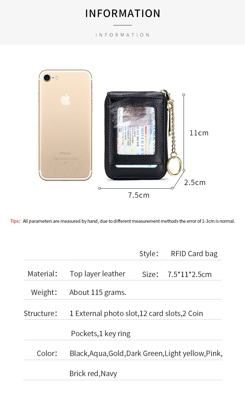 Unisex multi-compartment card holder, delicate RFID genuine leather multi-functional accordion card wallet, bank card case with keychain