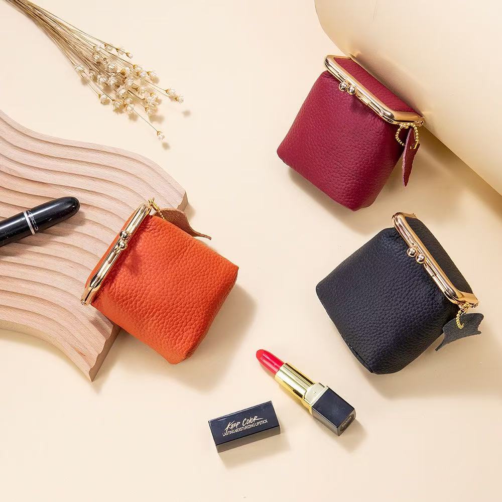 Genuine leather mini lipstick bag with lychee texture, trendy ins-style multifunctional women’s convenient storage pouch for change and coins