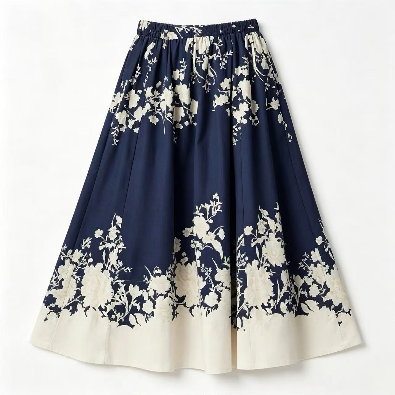Navy Floral Print Full Midi Skirt