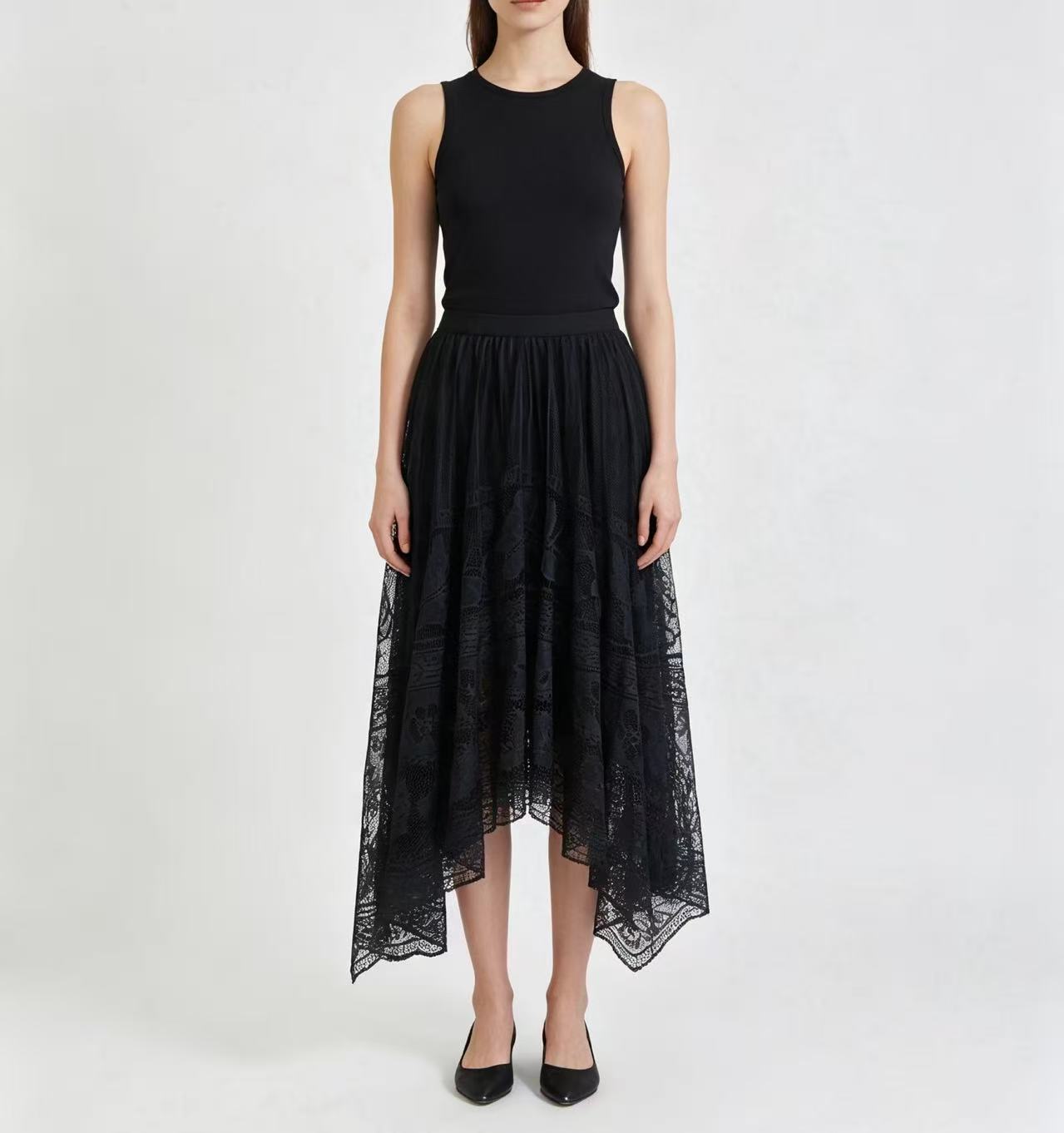 Black Lace Asymmetrical Midi Skirt