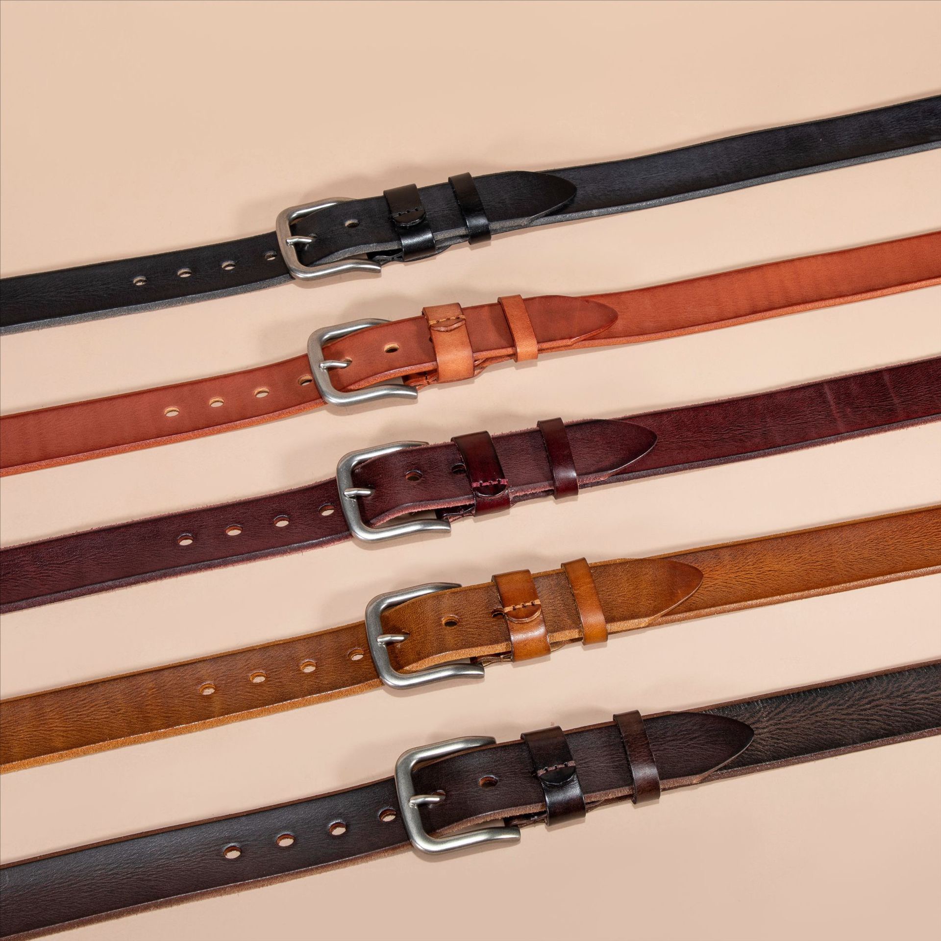 High-quality genuine leather men's belts, vintage silver buckle pure cowhide belts wholesale supplier