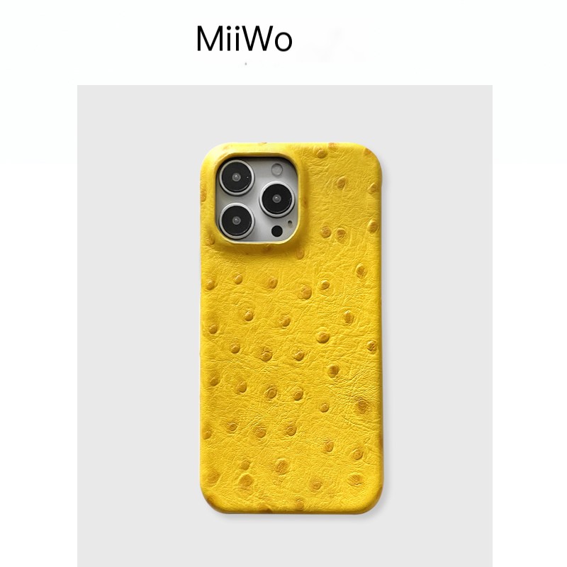 Cheese Yellow Vintage and Elegant Ostrich Two-tone Embossed for iPhone 16 Pro Max Leather Half Case, Suitable for Apple 15/14 Phone Covers, Niche Original for Apple 13