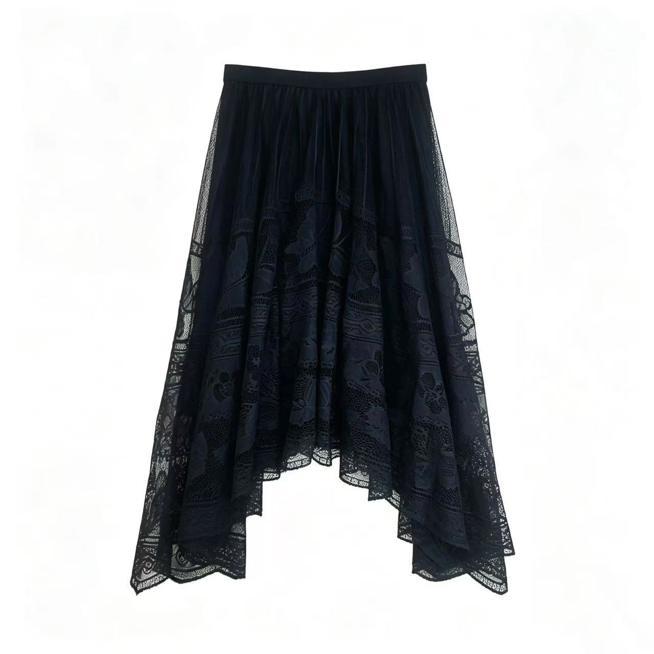 Black Lace Asymmetrical Midi Skirt