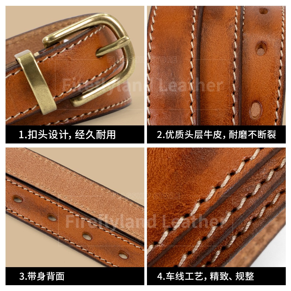 In-stock vegetable-tanned top-grain yellow cowhide tree glue leather belt with stitching and copper buckle, women's vintage casual versatile belt wholesale