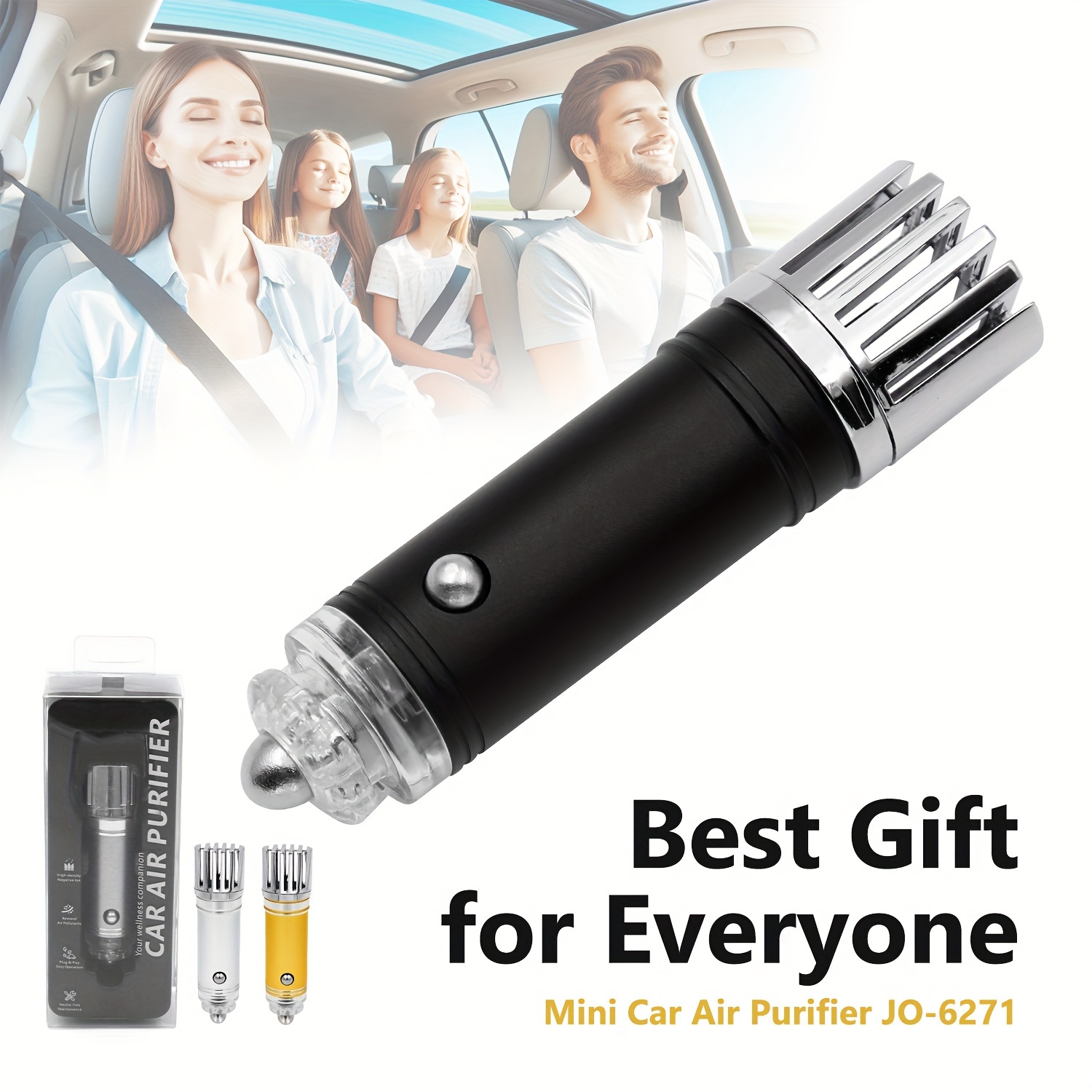 IONKINI Mini Car Air Purifier JO-6271 - 12V Plug-In Negative Ion Freshener, Removes Smoke, PM2.5, Pollen & Allergens, Quiet Operation, Maintenance-Free, Ideal for RVs & Cars, Perfect Gift
