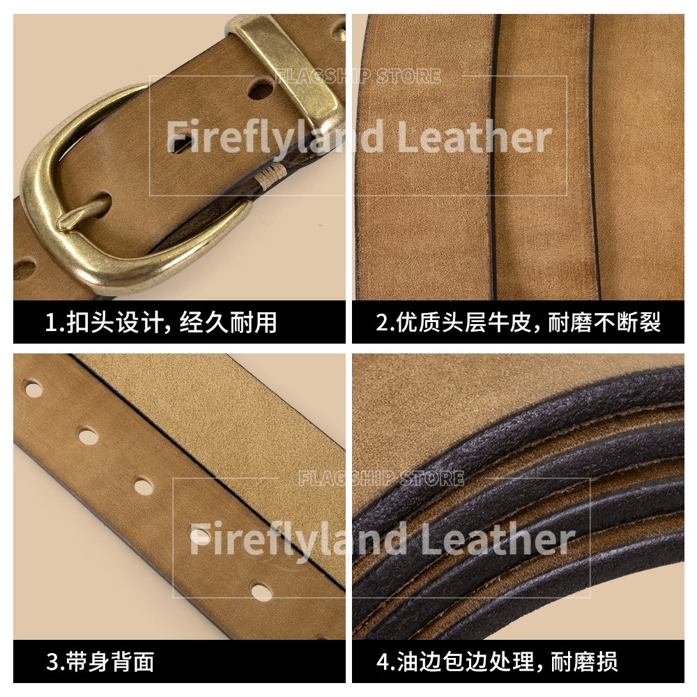 Top-grain leather men's belt, genuine leather with pin buckle, pure cowhide with brass buckle, vintage trendy belt, soft and durable pure cowhide pants belt