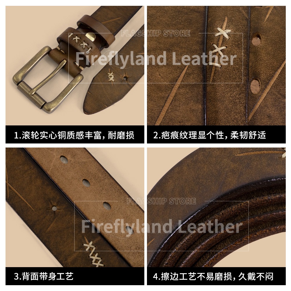 In-stock vintage copper buckle handmade trendy personality top-grain leather belt for men, genuine leather pin buckle jeans belt for men