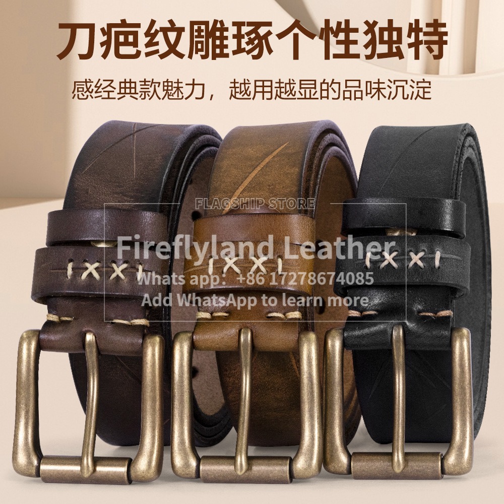 In-stock vintage copper buckle handmade trendy personality top-grain leather belt for men, genuine leather pin buckle jeans belt for men